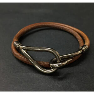 Authentic HERMES Jumbo Hook Bracelet Double Wrap Brown Leather  Silver Tone